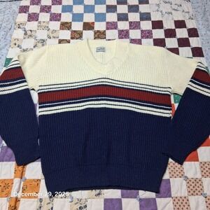 Vintage Rydal Waffle Knit Striped Womens Sweater Size XL V Neck